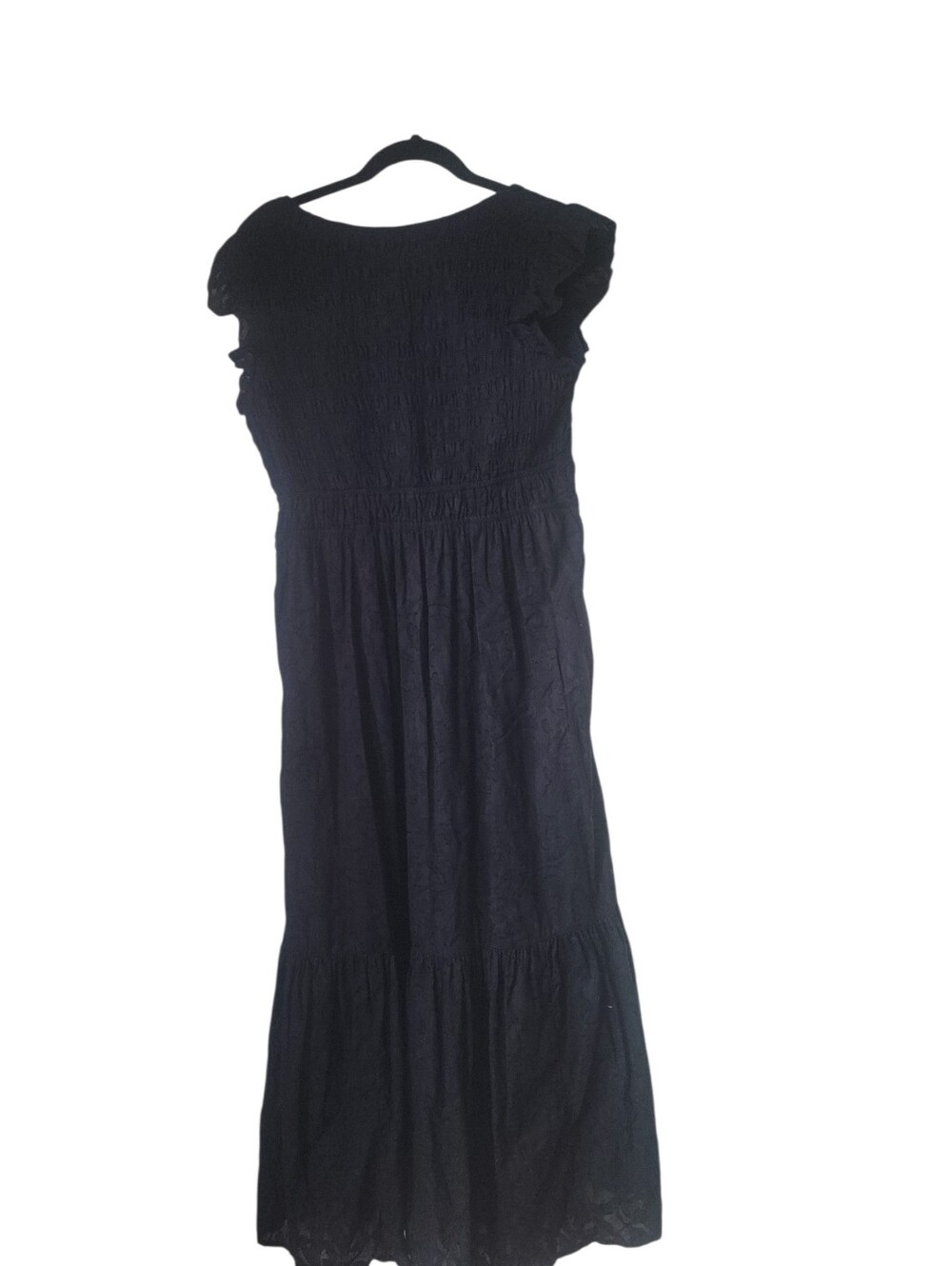 Anthropologie Black Maxi Dress w/Fluttery Cap Sleeve Tiered Button Front Skirt - Picture 5 of 12